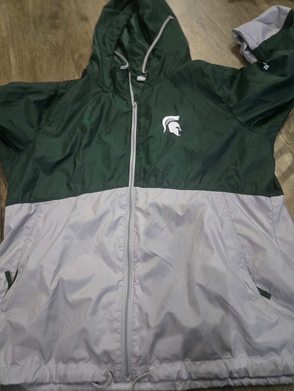 Columbia Dark Green and Light Gray Hooded Windbreaker Jacket